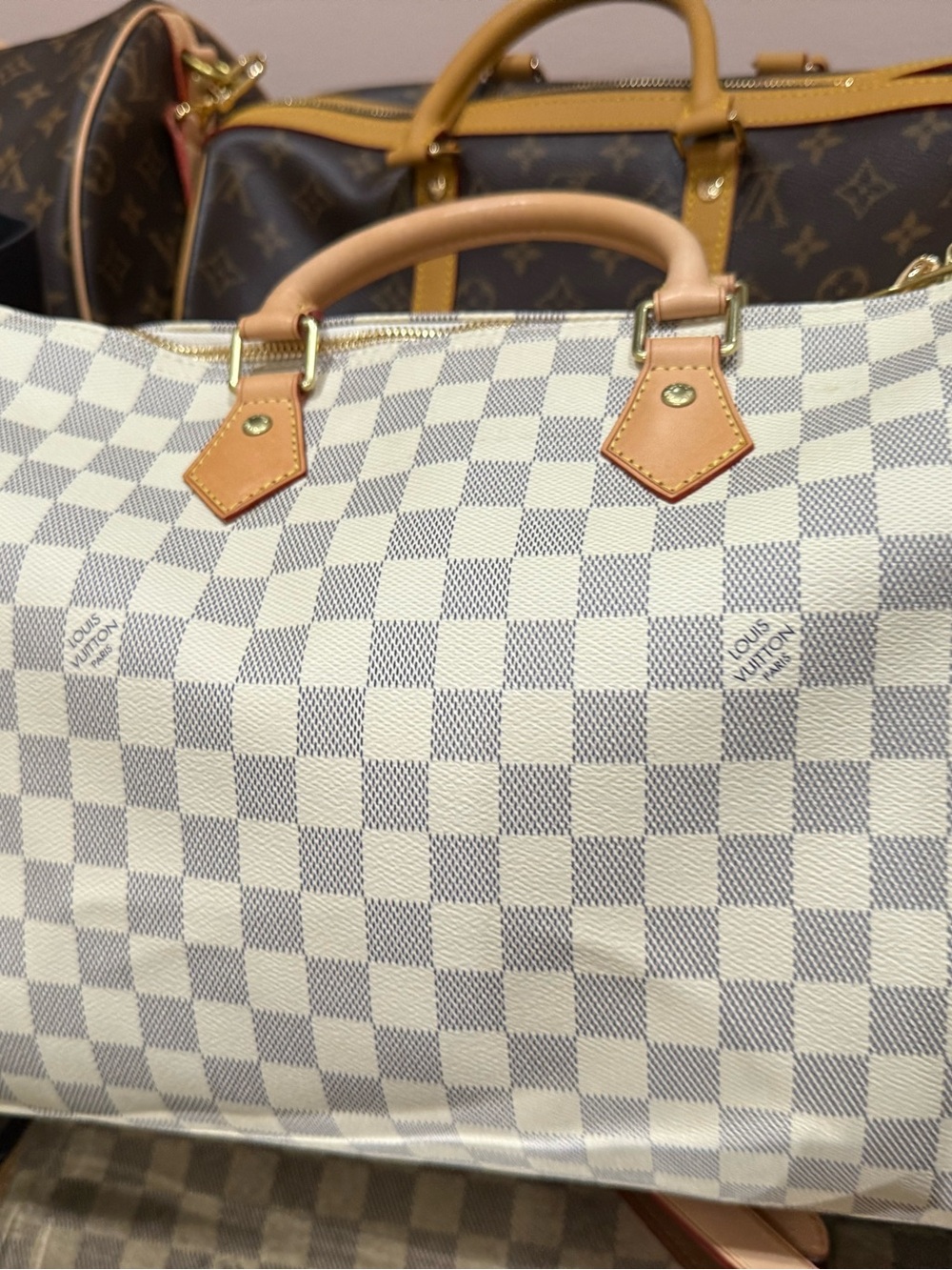 Inspired Damier Azur Speedy Style Travel Bag in White and Gray
